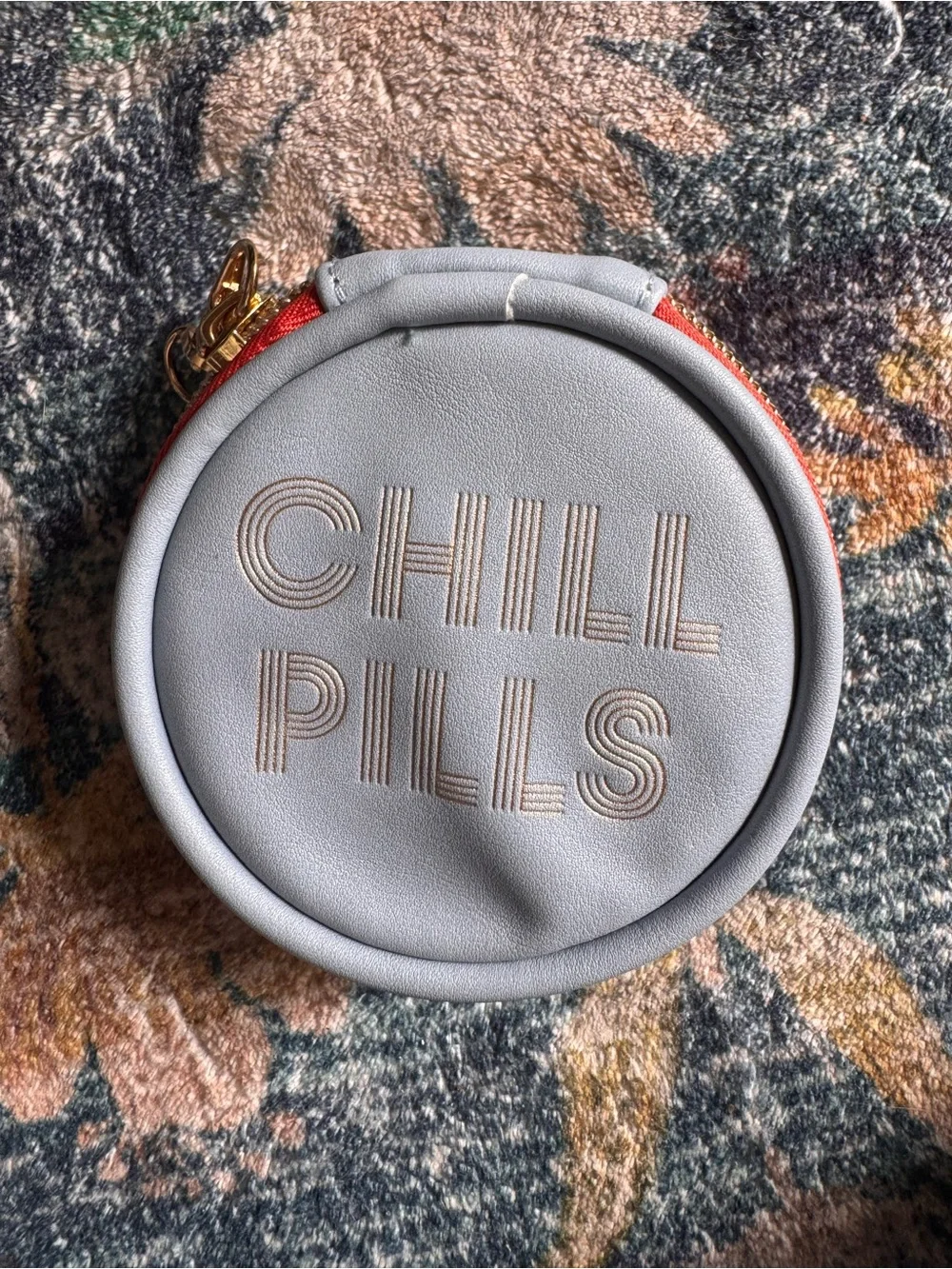 DesignWorks Ink Round 'CHILL PILLS' Pill Box in Light Gray with Red Trim